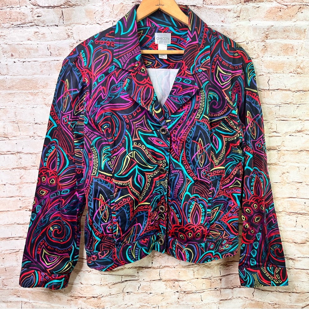Chico’s Vibrant Multicolor Patterned Jacket Large… - image 1
